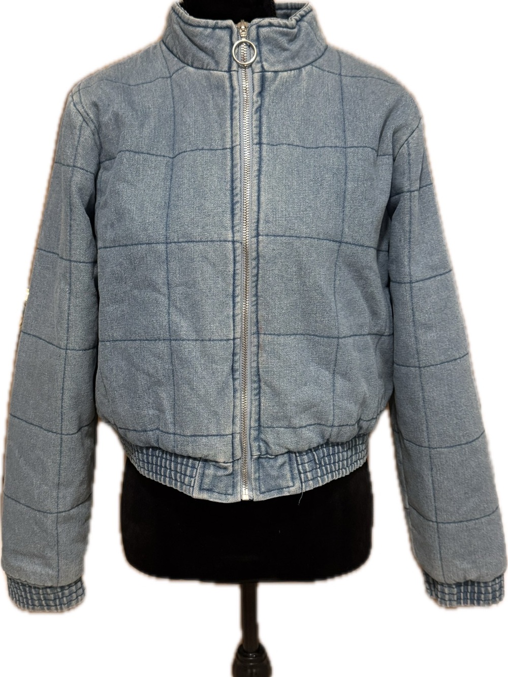 Haute Monde Dusty Blue Quilted Grid Crop Puffer Jacket